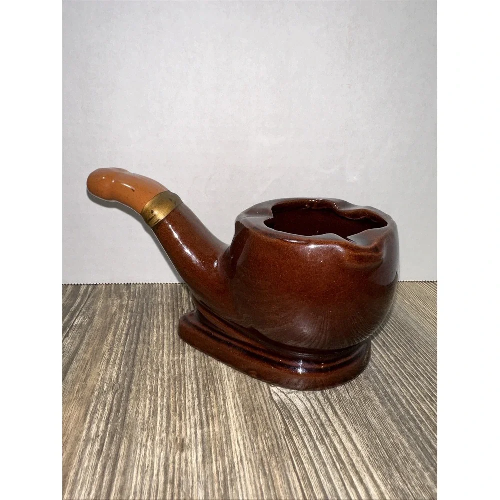 Pipe Shaped Ashtray 3 Slots Brown Tan Ceramic VTG